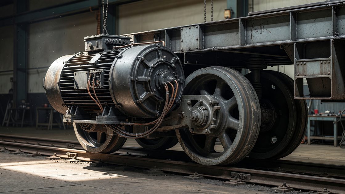 Close-up of a locomotive traction motor and wheel assembly mounted on a rail truck