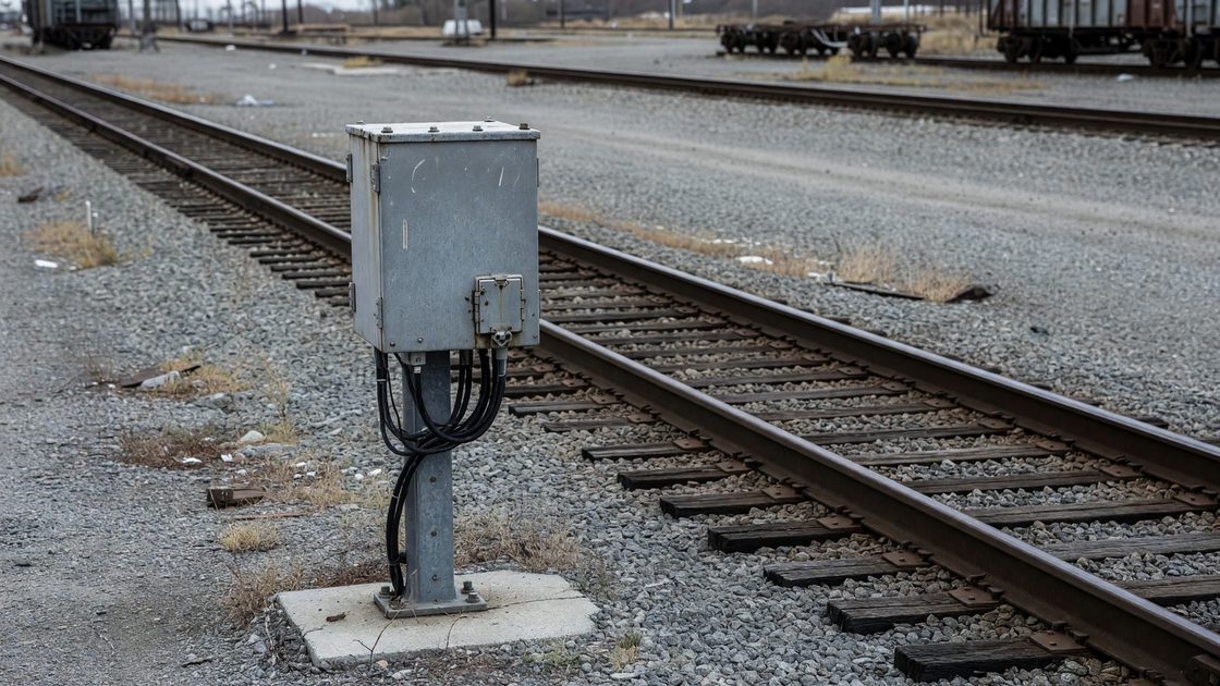 Wayside rail sensor equipment mounted beside tracks in an industrial rail yard