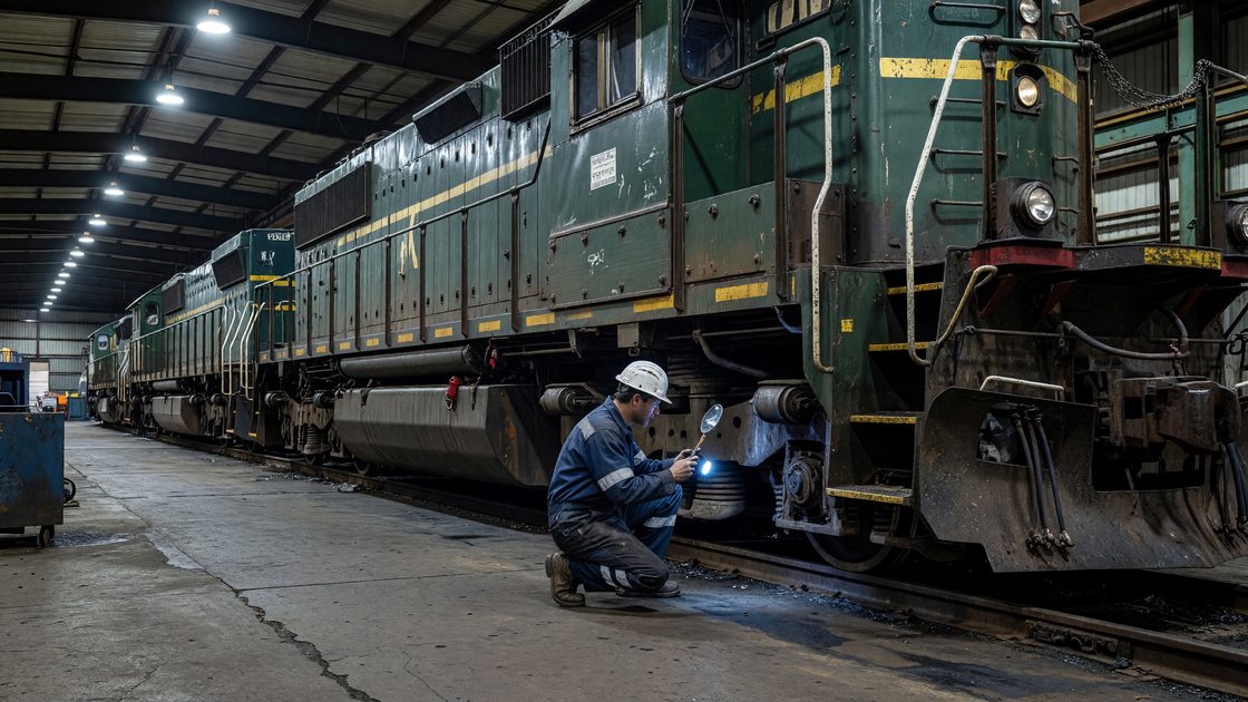 Diesel locomotive undergoing inspection in a maintenance shop bay with overhead lighting